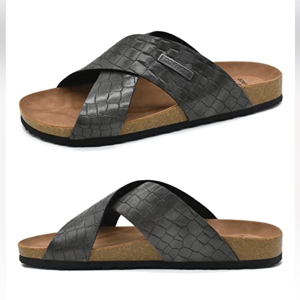 COFACE Men's Black Leather Flat Sandals Fashion Cork with Arch Support